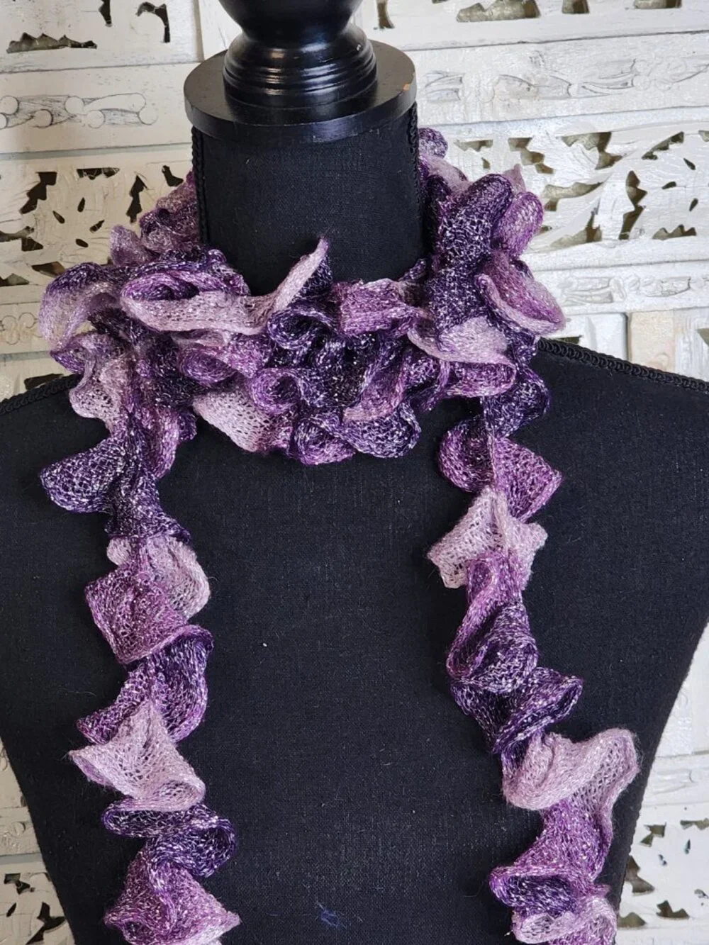 Handmade Crochet Purple and Lilac with Metallic Silver Threads Throughout Scarf